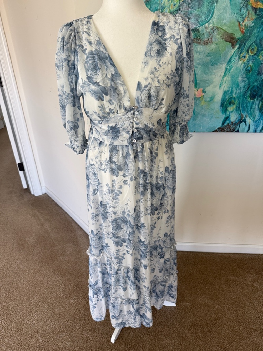 Altar’d State Blue Floral V-Neck Midi Dress